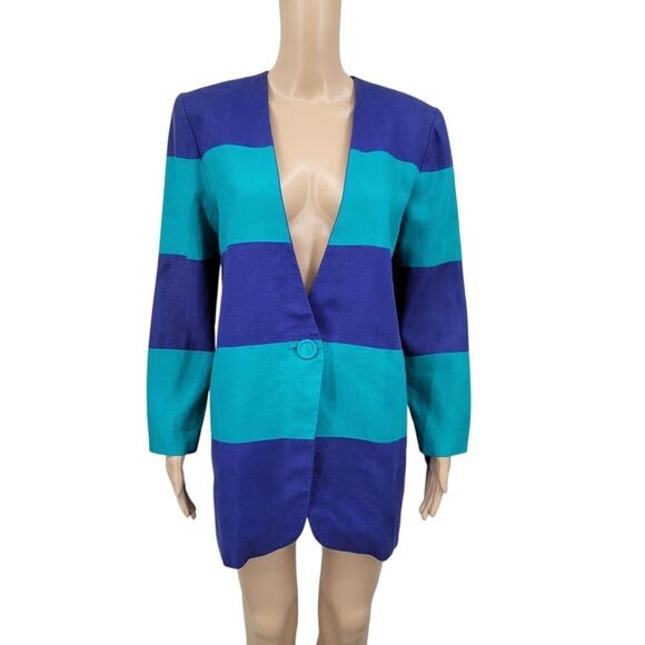 Linda Lewis Vintage Linen Blue and Teal Women's Longline Blazer Jacket - Picture 1 of 10